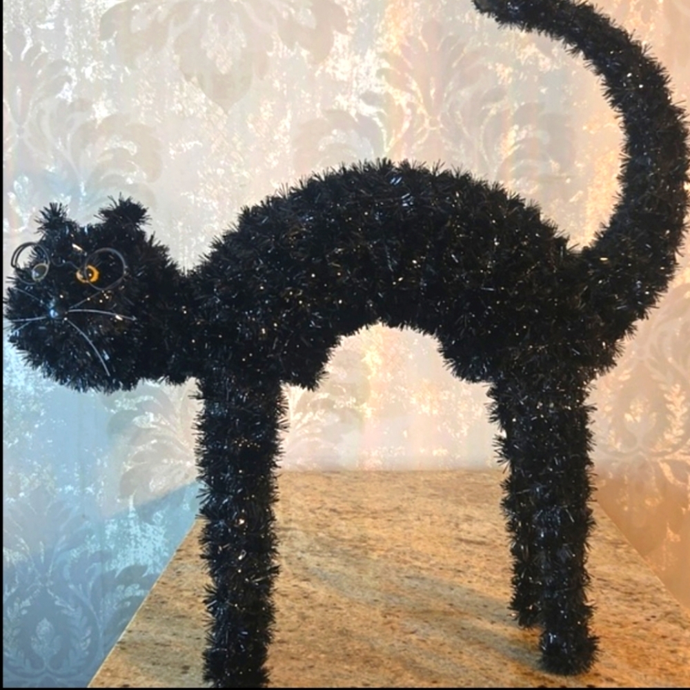 Vintage Black Tinsel Cat Halloween Decoration